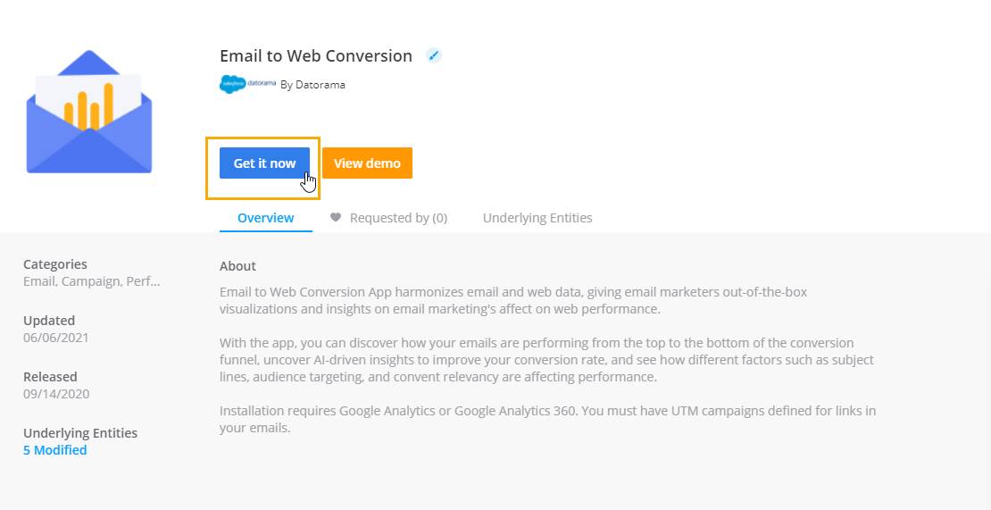 [今取得する] ボタンが強調表示されている Email to Web Conversion アプリケーションの概要ビュー。