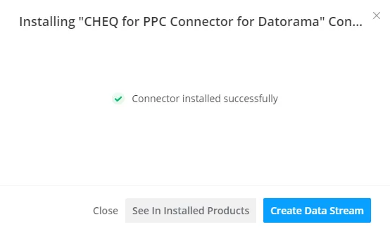 Ansicht mit der Bestätigungsmeldung zur Installation sowie den Schaltflächen 'In Installierte Lösungen anzeigen' und 'Datenstrom erstellen'.