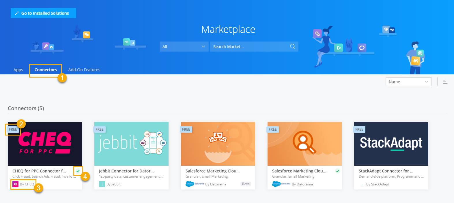 Vista de los diferentes conectores de mercado con las secciones de un mosaico de conector resaltada.