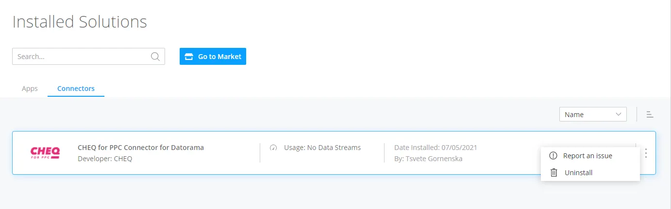 Vue d’un connecteur sous Solutions installées, avec des informations et des paramètres dans le menu d’options supplémentaires.