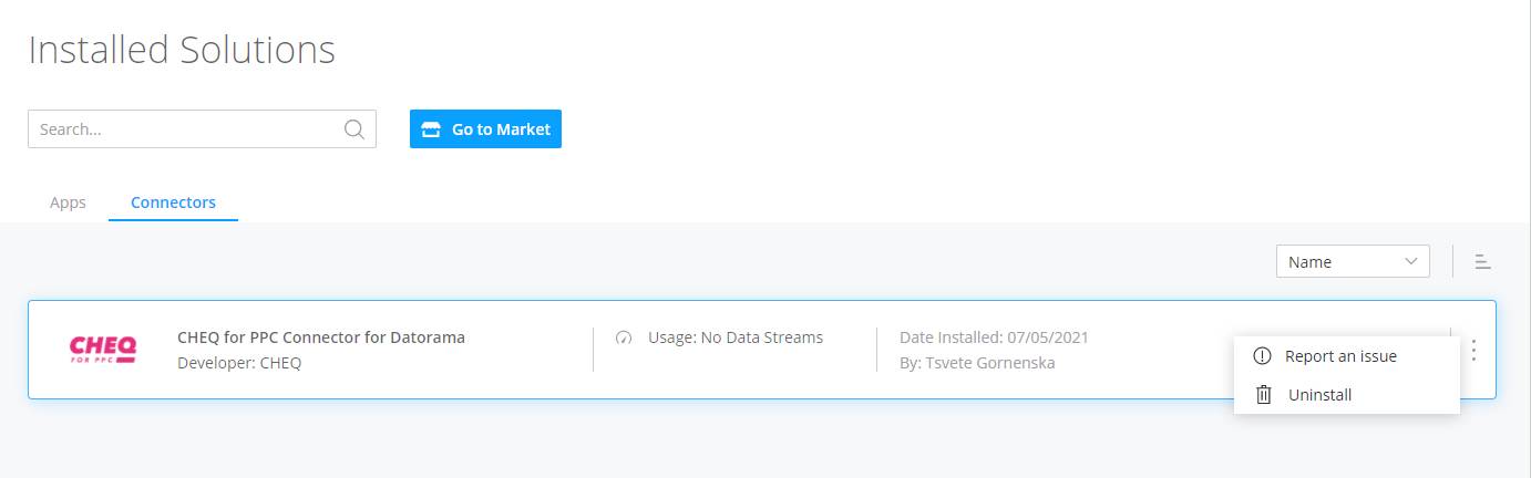 Exibição de um conector, como visto em Soluções instaladas, mostrando informações sobre ele e configurações no menu de opções adicionais.