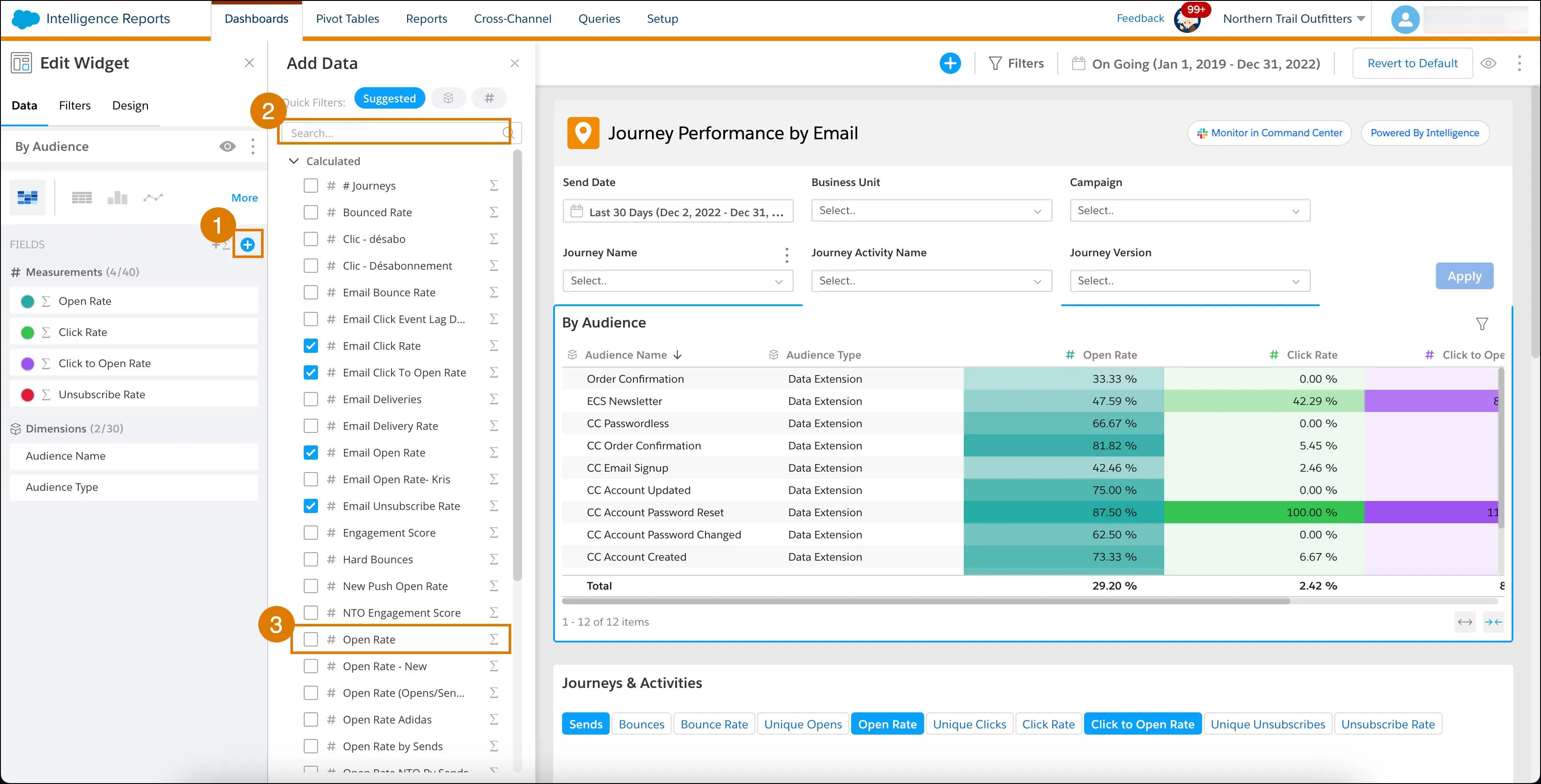 Dashboard page showing how to add a calculated field from a widgets data tab