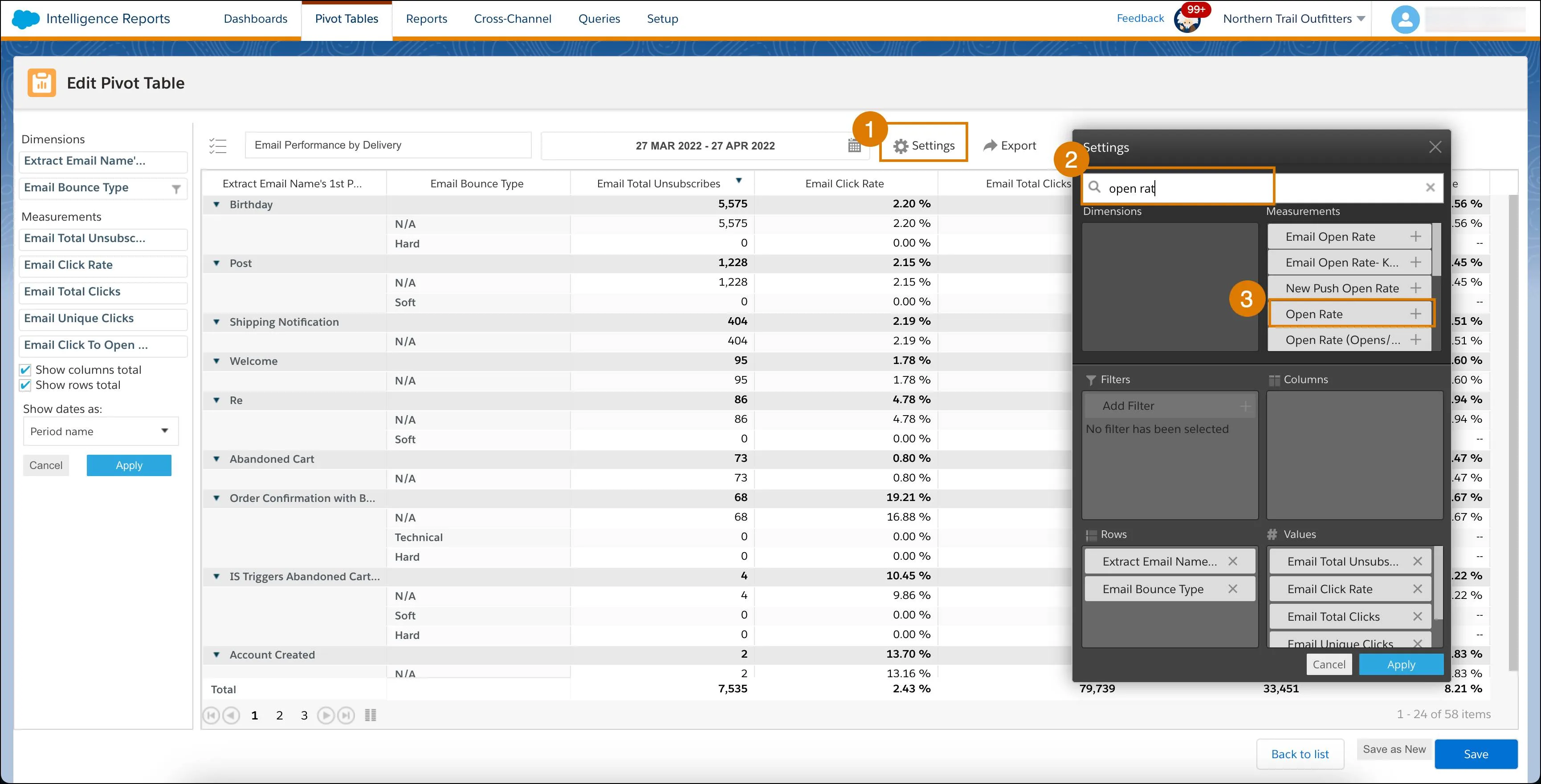 Pivot table showing how to add a calculated measurement from the settings