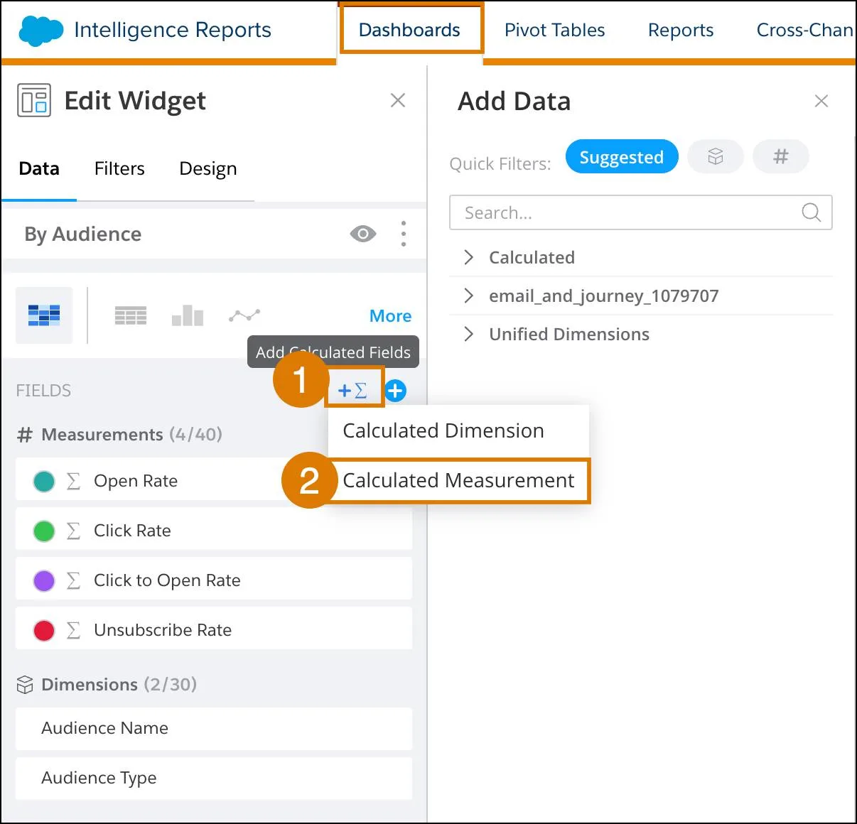 Dashboard-Seite, auf der das Hinzufügen eines berechneten Messwerts über die Registerkarte 'Daten' eines Widgets gezeigt wird