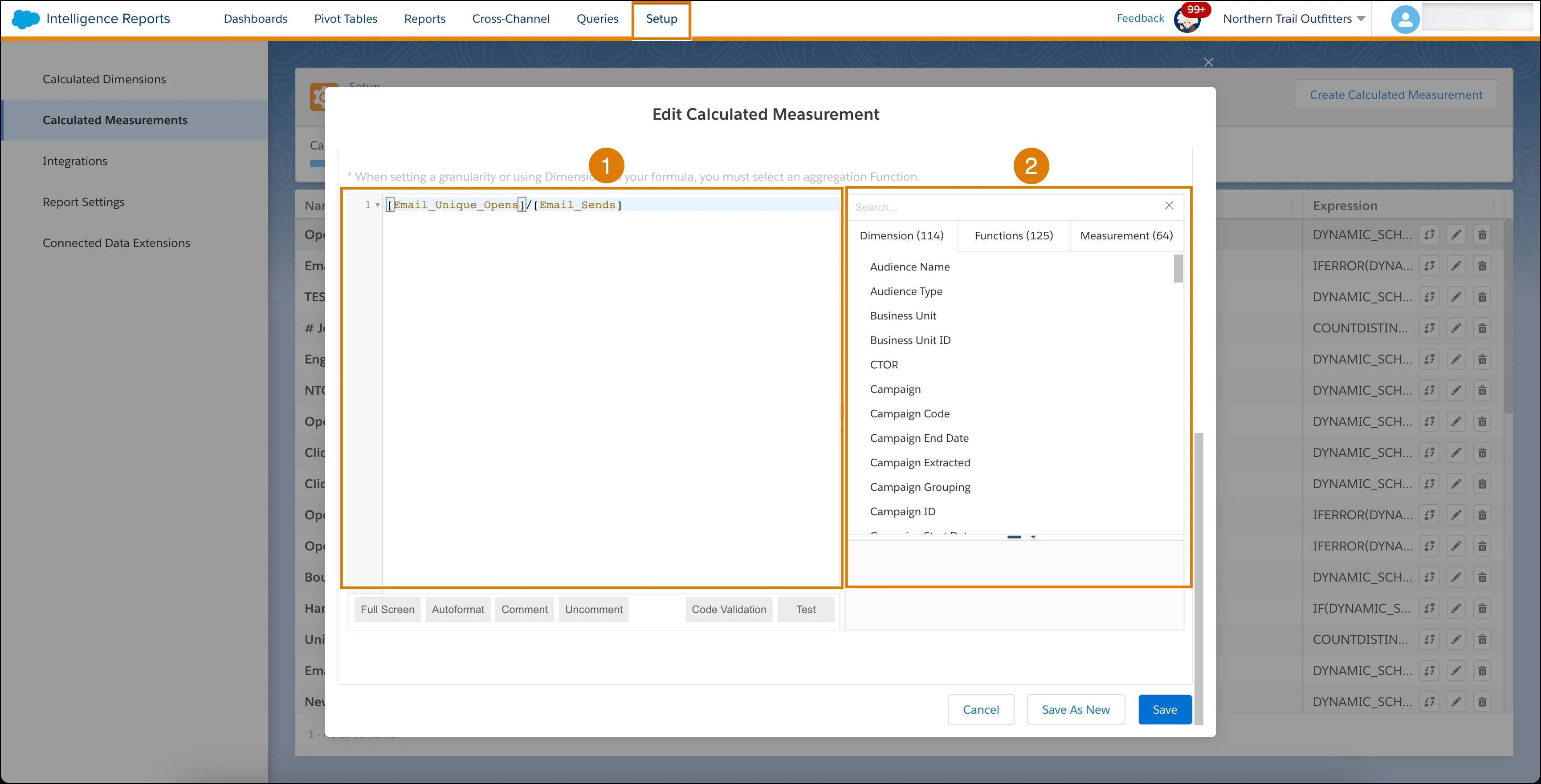 Página de panel que muestra la pantalla de configuración de mediciones calculadas