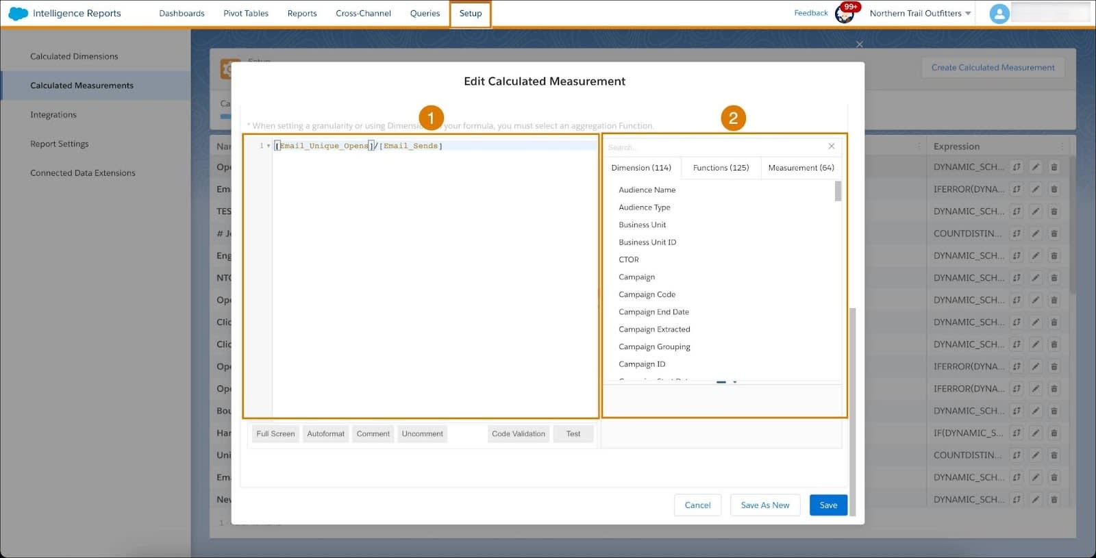 Página de panel que muestra la pantalla de configuración de mediciones calculadas