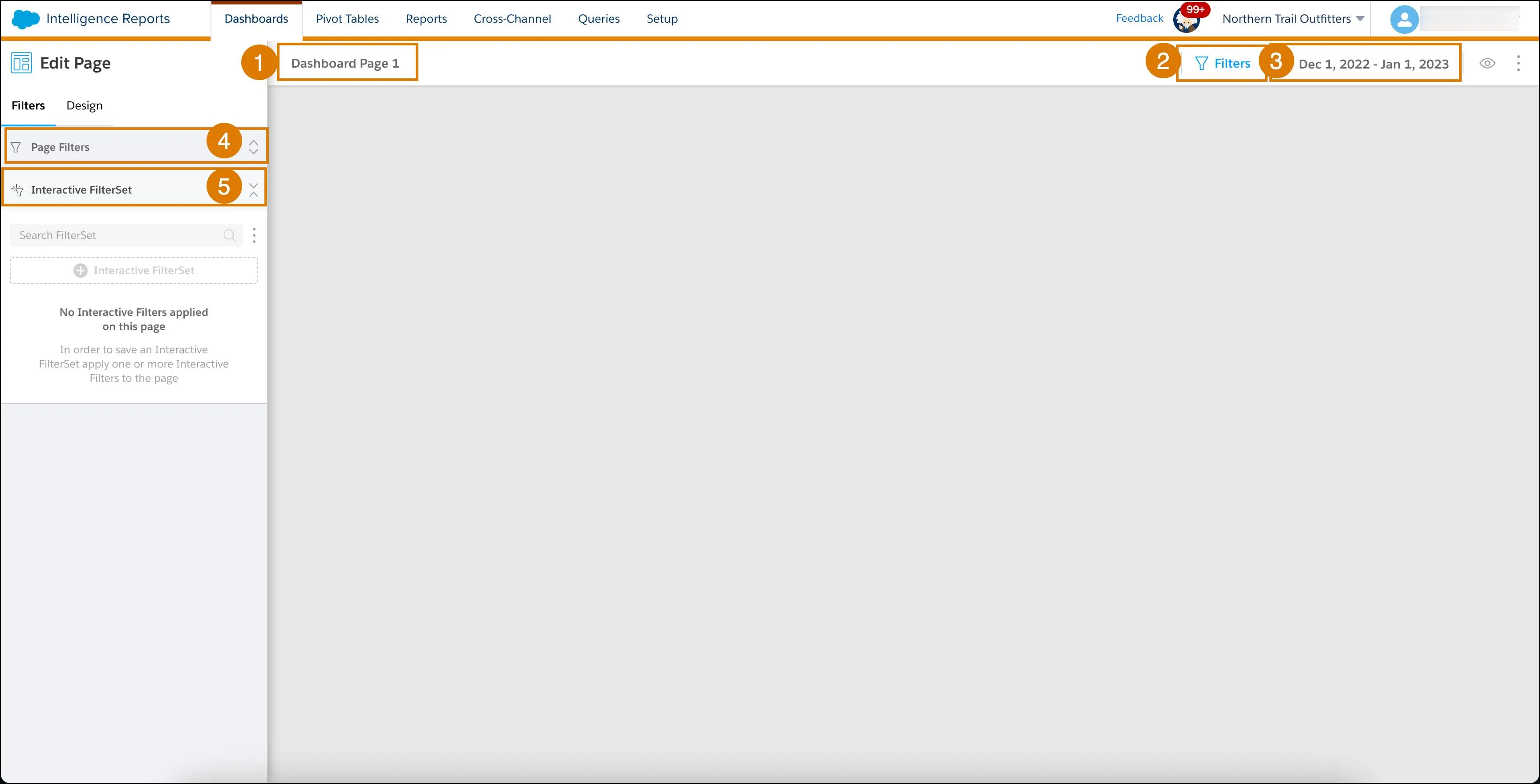 Dashboard page showing how to name, set date range, add a filter, and an interactive filterset to a page