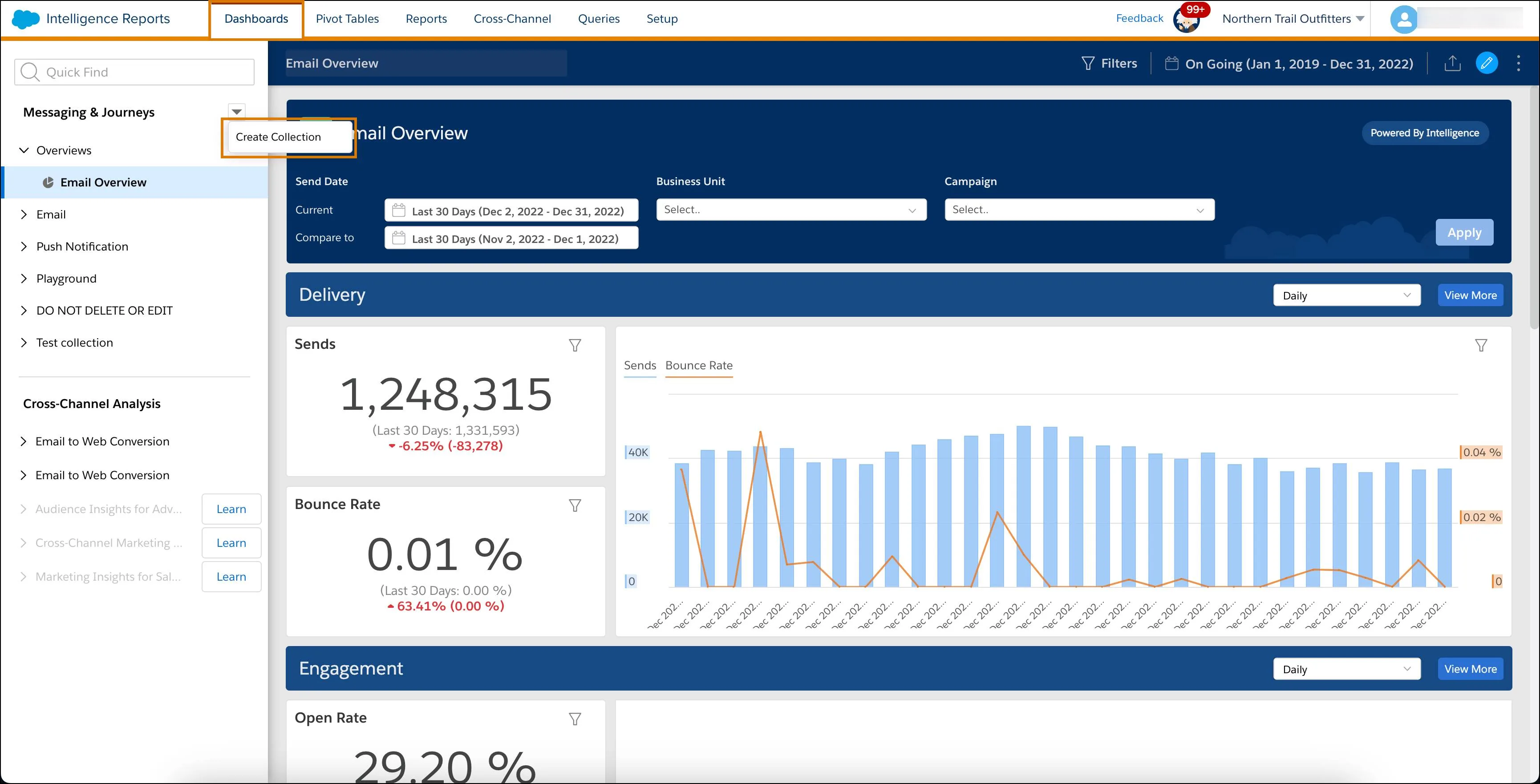 Página inicial do Datorama Reports com a seta para baixo ao lado do cabeçalho Mensagens e jornadas selecionada para mostrar o botão Criar coleção sendo selecionado.