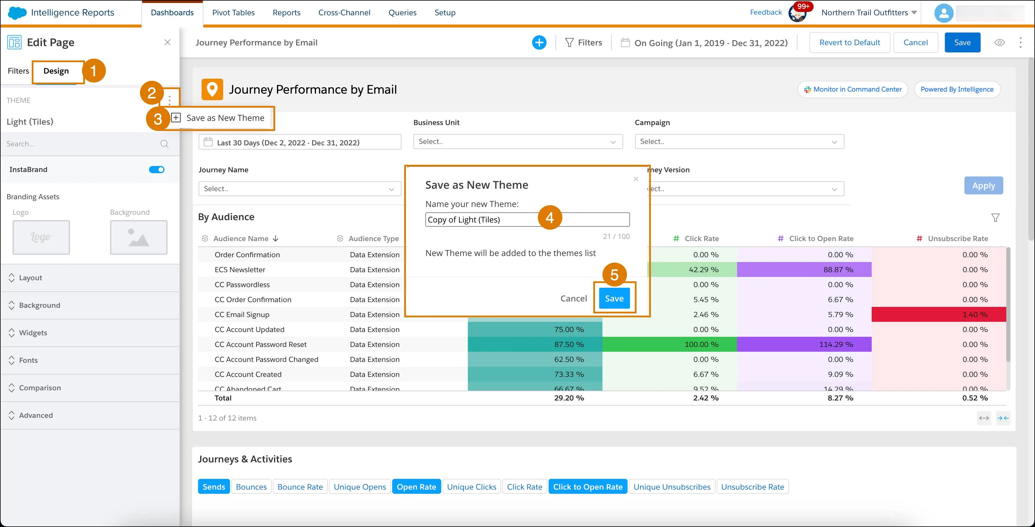 Dashboard page showing the Save as New Theme box