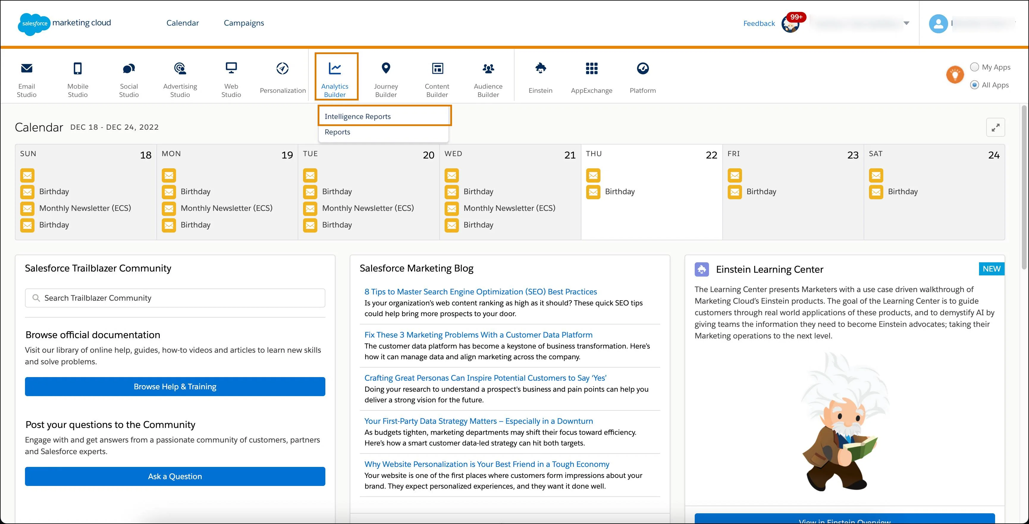 Marketing Cloud home page with Analytics Builder menu expanded to show Datorama Reports being selected.