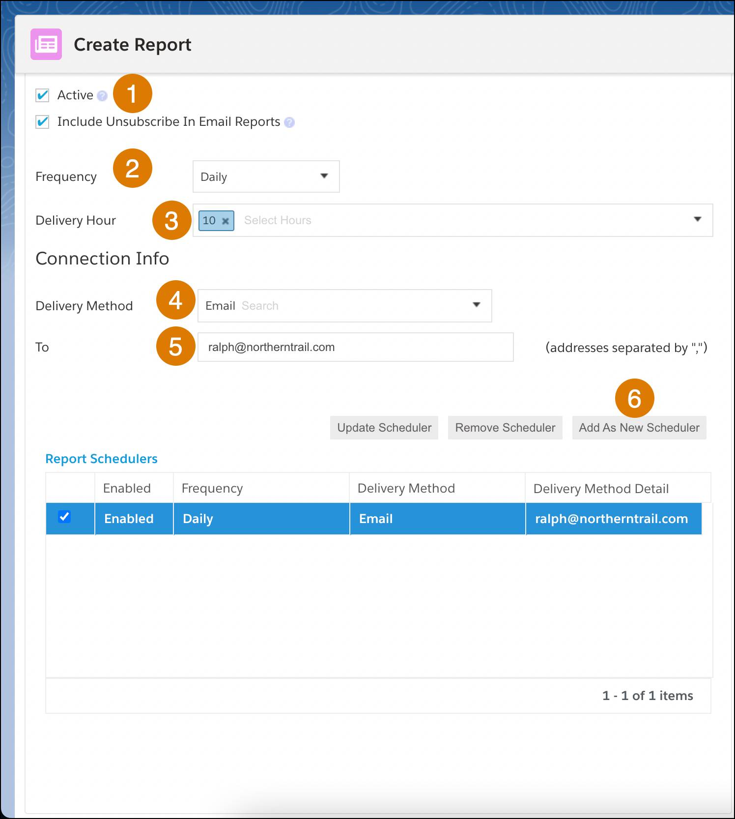 Create Report dialog numbered focusing on Report Scheduling