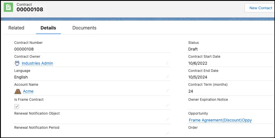 Contract record UI showing details like contract number, account name, status, contract start date, contract end date, contract term