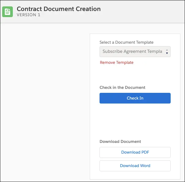 Contract document creation UI to select a template and check in the document