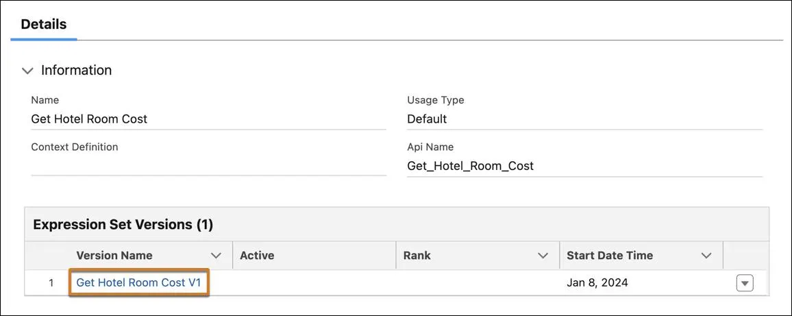 The expression set details tab showing the available expression set versions.