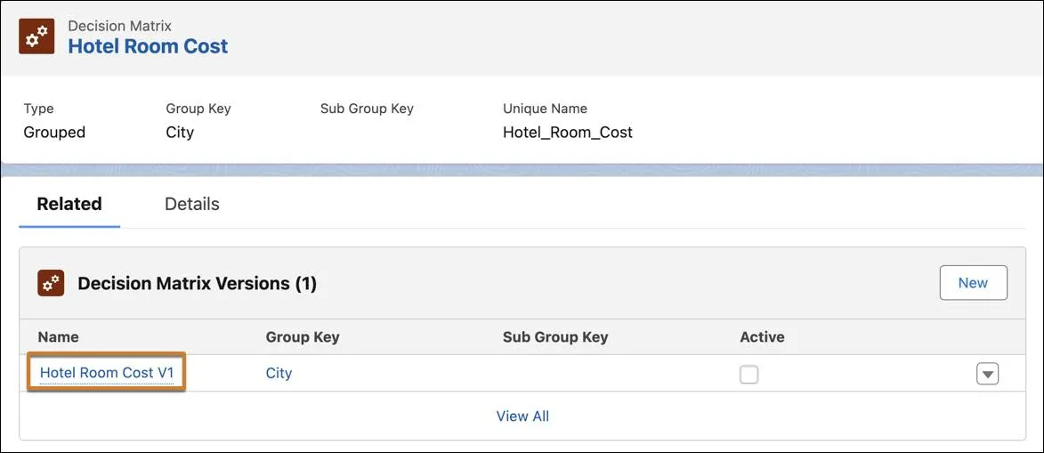 The Hotel Room Cost decision matrix record page showing the available decision matrix versions.