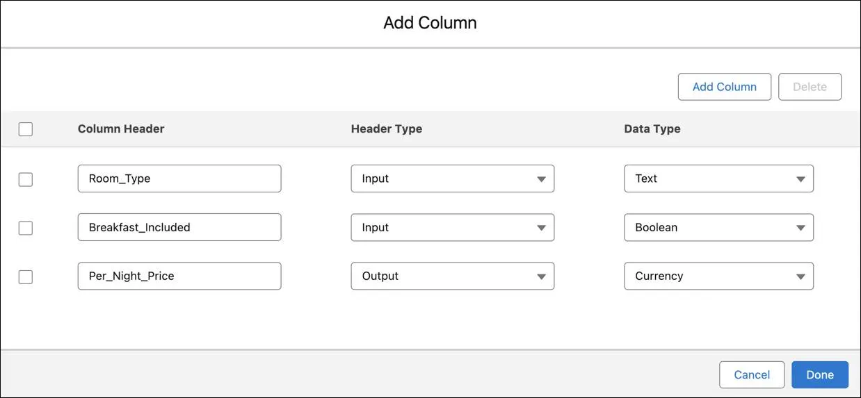 The Add Column window showing the Column Header, Header Type, and Data Type columns, and the corresponding data.