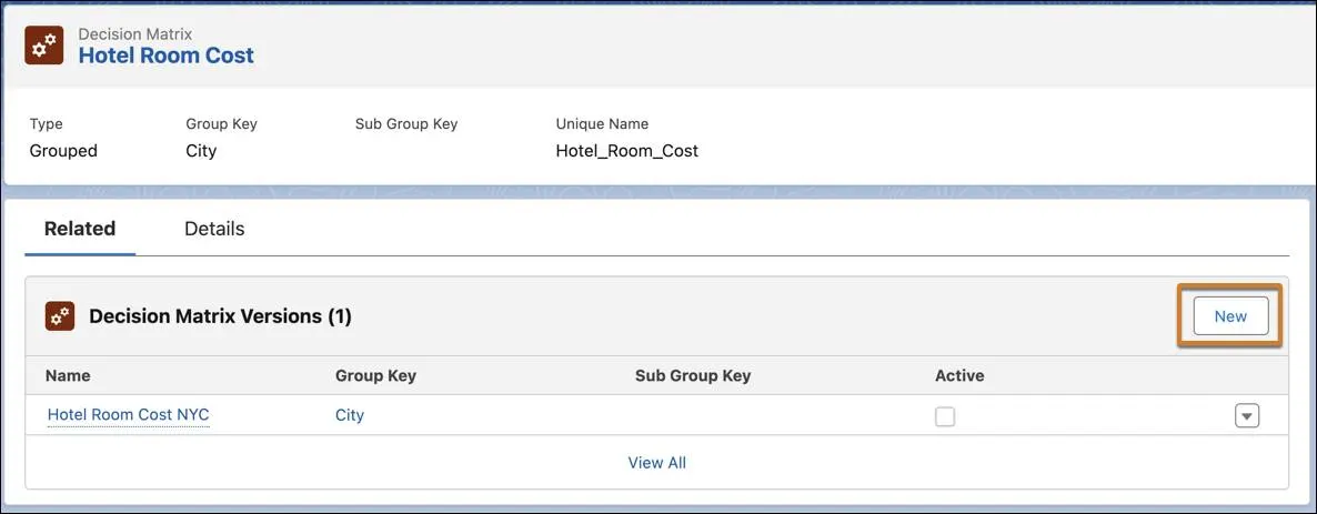 The Hotel Room Cost decision matrix record page showing the available decision matrix versions.