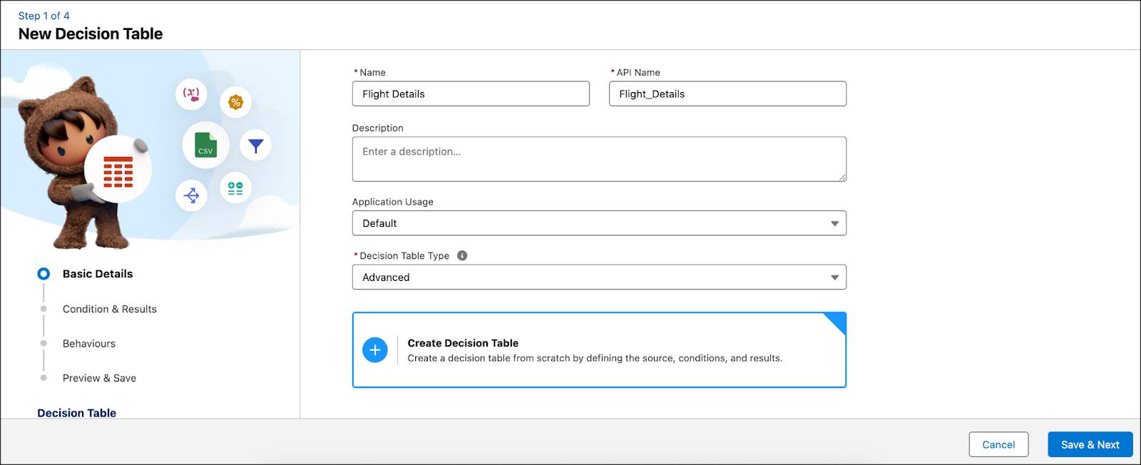 The New Decision Table window showing the basic details step.