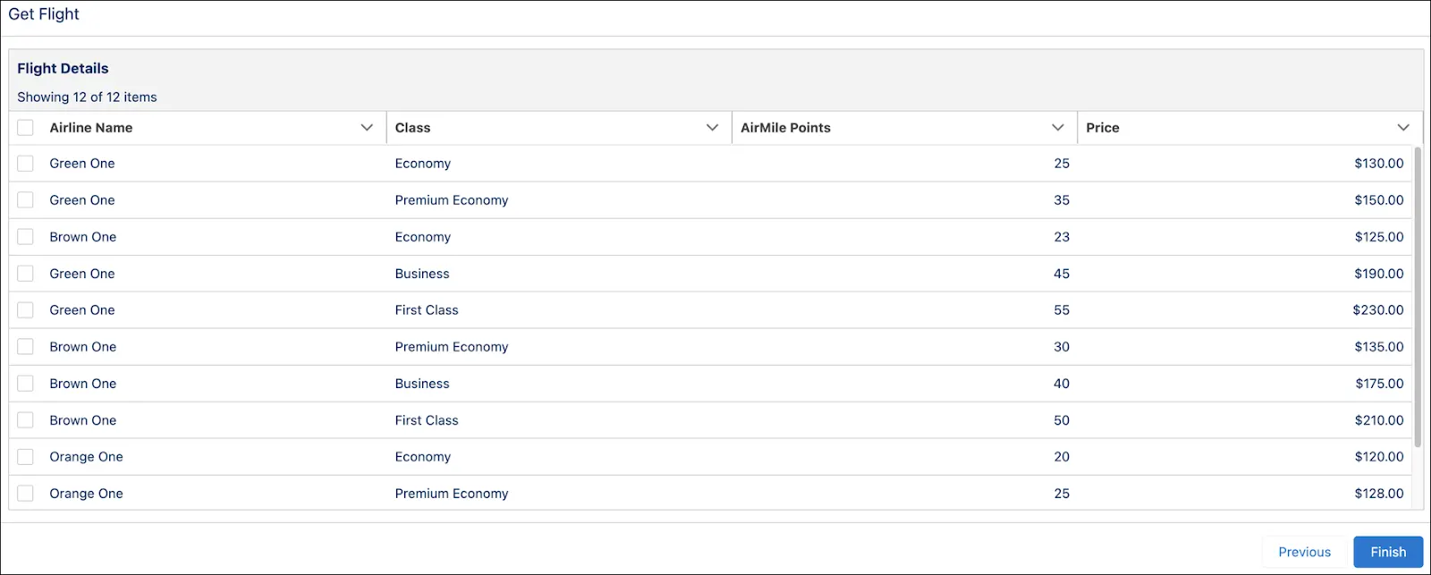 The flow output screen showing the output with Airline Name, Class, AirMile Points, and Price fields.