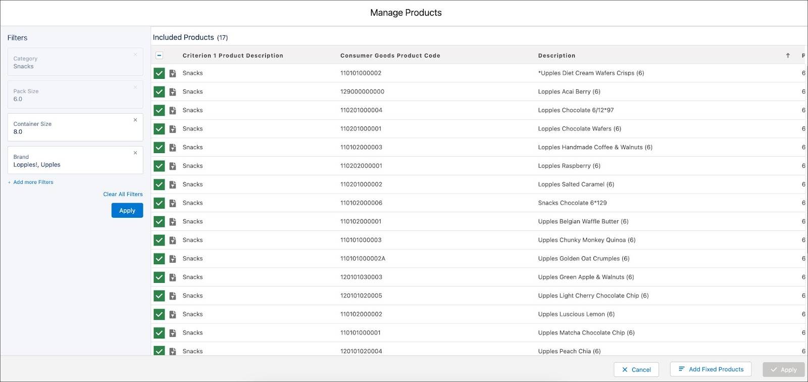 The Manage Products window showing the options to use filters to add products to the promotion.