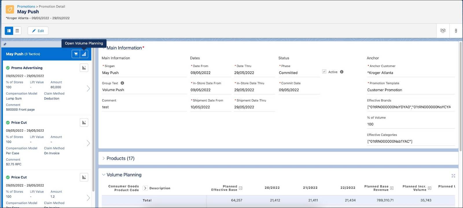 The Promotion Detail page showing the options to open the volume planning card from a tactic card.