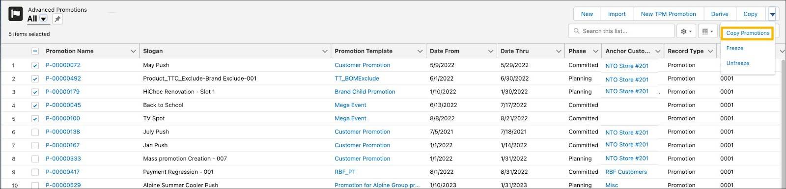 The Advanced Promotions page showing the options to copy promotions.