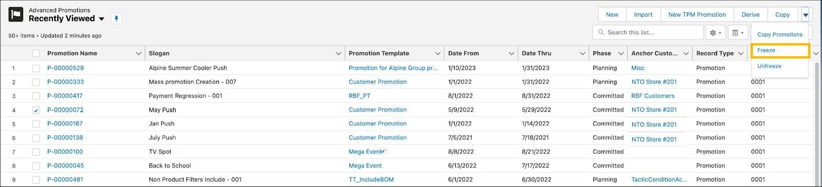 The Advanced Promotions page showing the options to freeze a promotion.