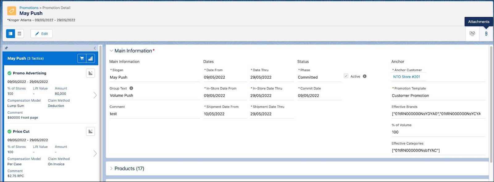 The Promotion Detail page showing the options to attach files to a promotion.
