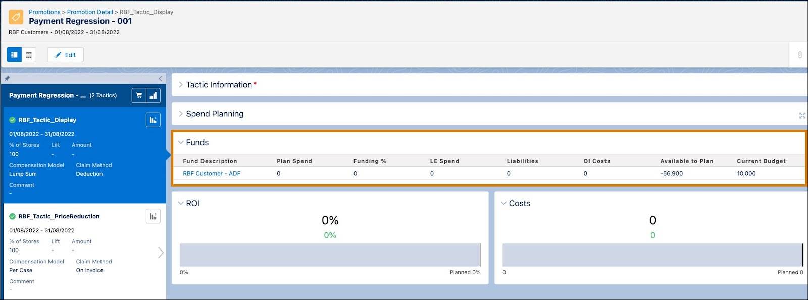 The Promotion Detail page showing the details of a fund linked to a tactic.