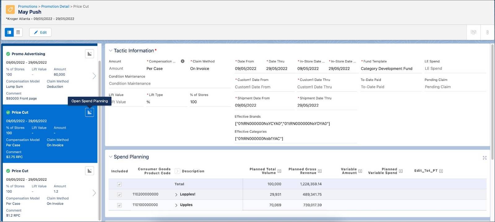 The Promotion Detail page showing the options to open the Spend Planning card from a tactic card.