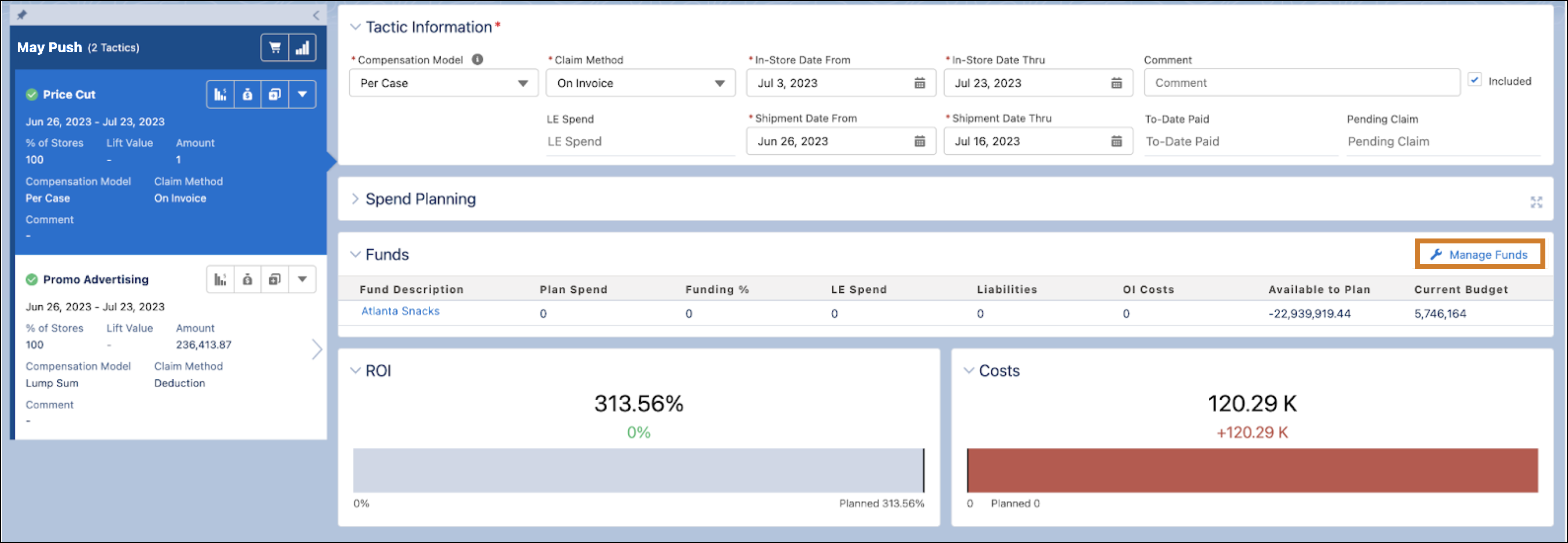 The Funds area showing the options to add a fund to a tactic.