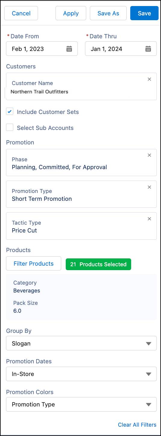 The Define Your View panel showing the options to define a Trade Calendar view.