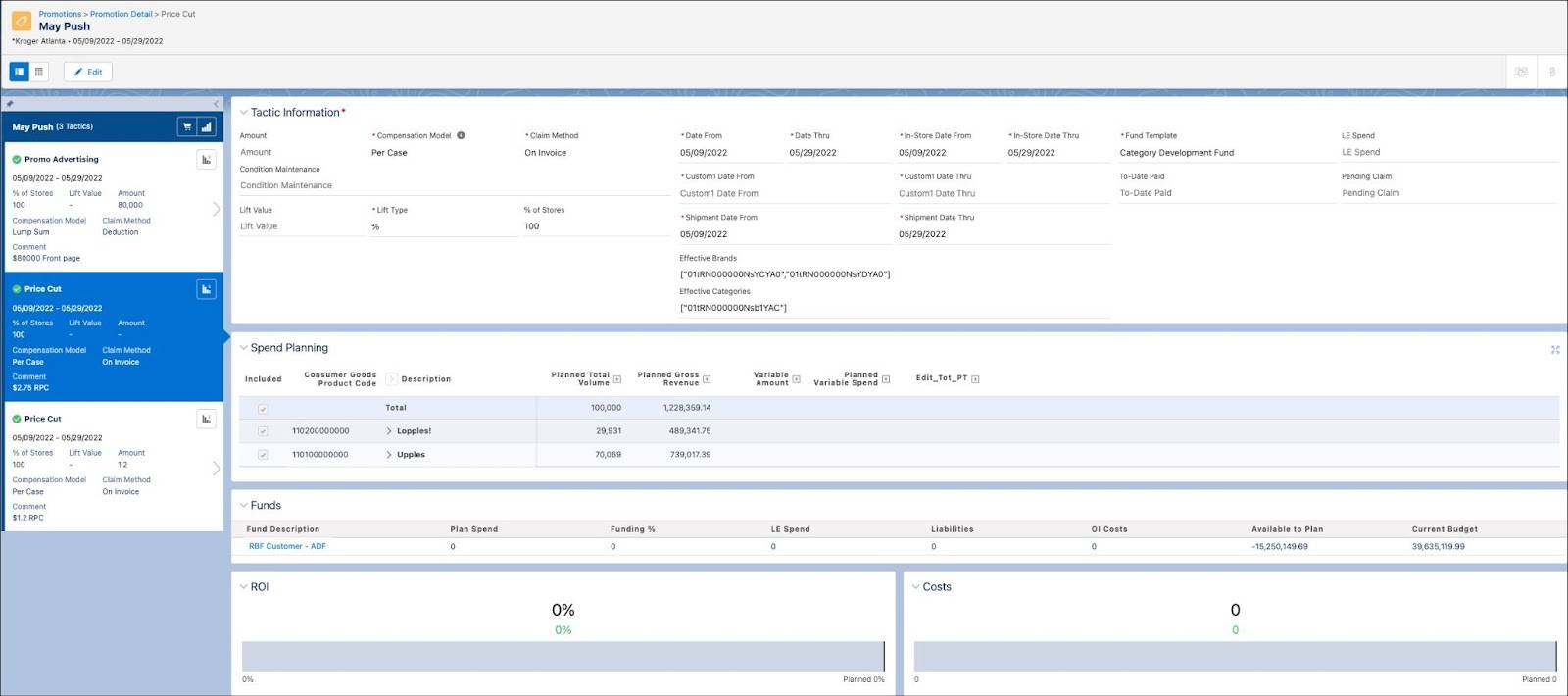 The Tactics section on the Promotion Detail page showing the details of the tactic.