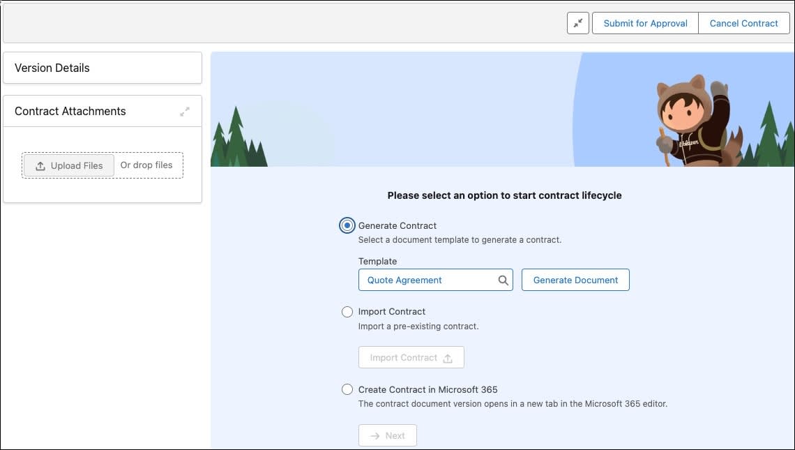 契約ページから新しい契約ドキュメントを生成するタブ。