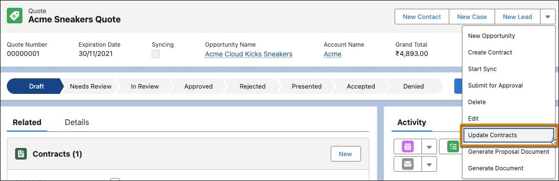 [Update Contracts (契約を更新)] ボタンが強調表示されている見積レコードページ。
