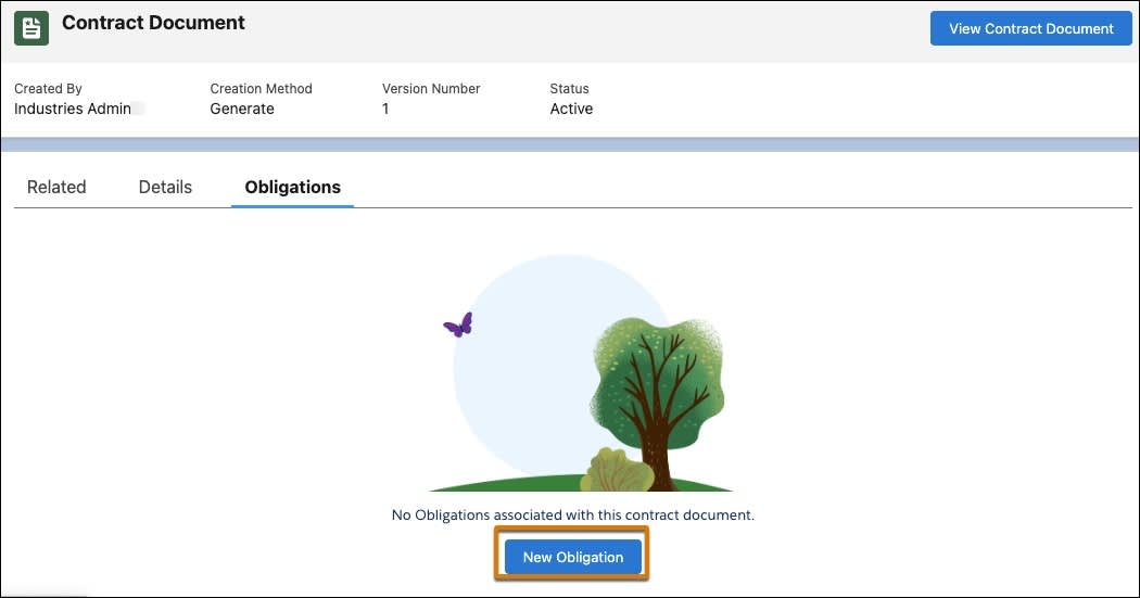 新しい義務を作成する [Contract Document (契約ドキュメント)] ページ。