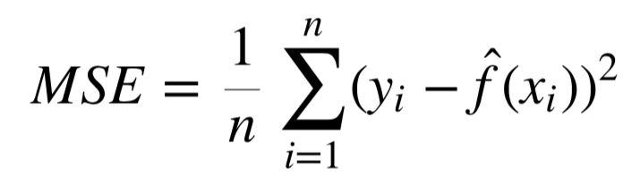 MSE equals frac one over n endfrac times the sum over i from one to n of pren y sub i minus f hat of x sub i p'ren squared.