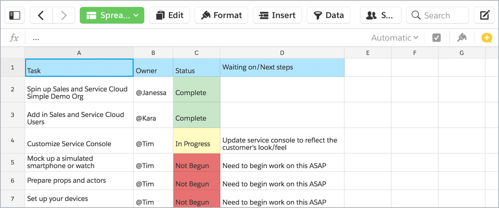 Demo Delivery Essentials
Sample burndown list created in Quip with columns for Task, Owner, Status, and Next Steps