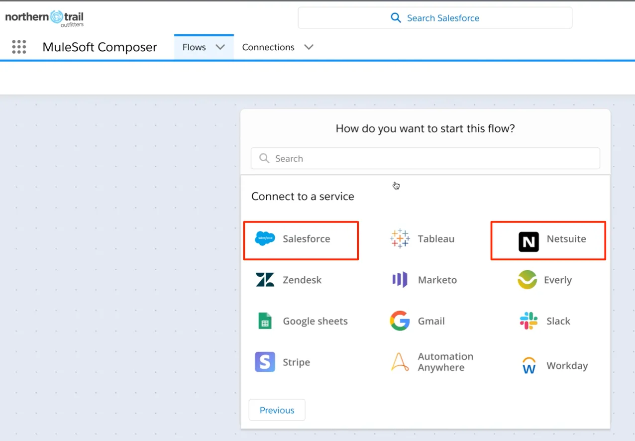 image.pngA list of applications that work with MuleSoft Composer, including Salesforce and NetSuite.