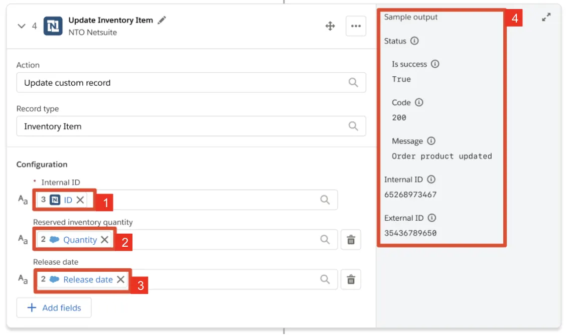 The MuleSoft Composer user interface showing the configuration options for the step in the automated process that updates the NetSuite-based inventory system. It also shows a sample of the response code reflecting success or failure of the step.