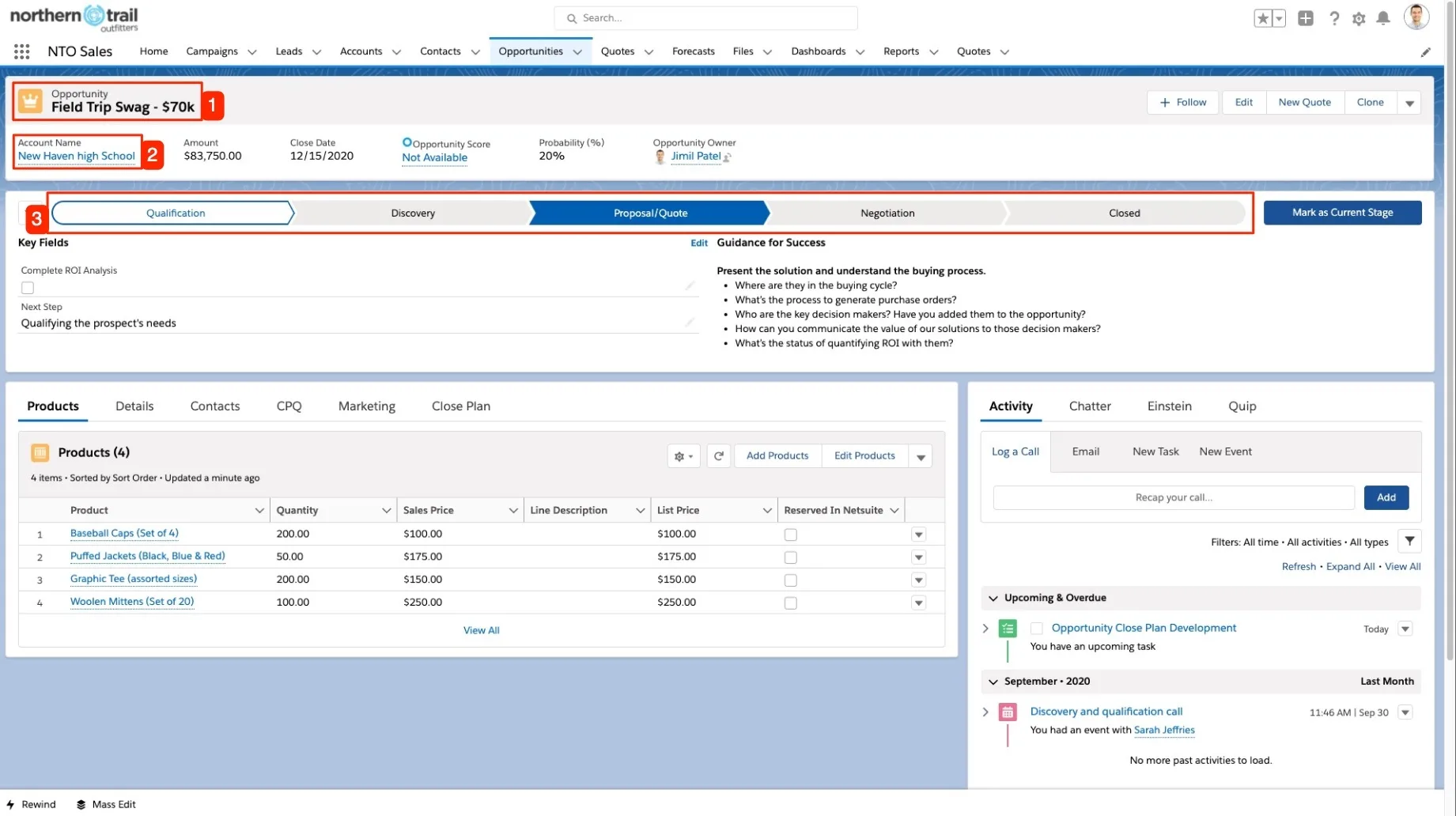 NTO opportunity page showing the Opportunity object, the Account object, and the 5-stage sales cycle highlighted.