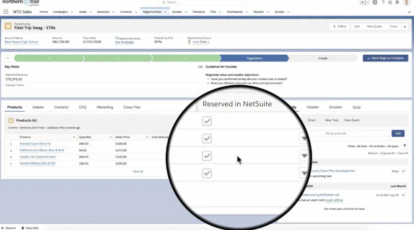 NTO opportunity for New Haven High School field trip swag showing that all of the inventory for the product order has been reserved in NetSuite.