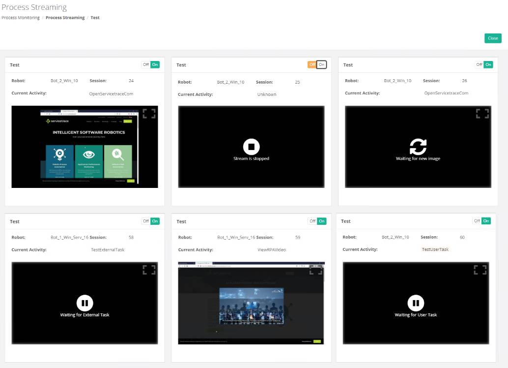 The Process Streaming view shows the stream as a sequence of images.