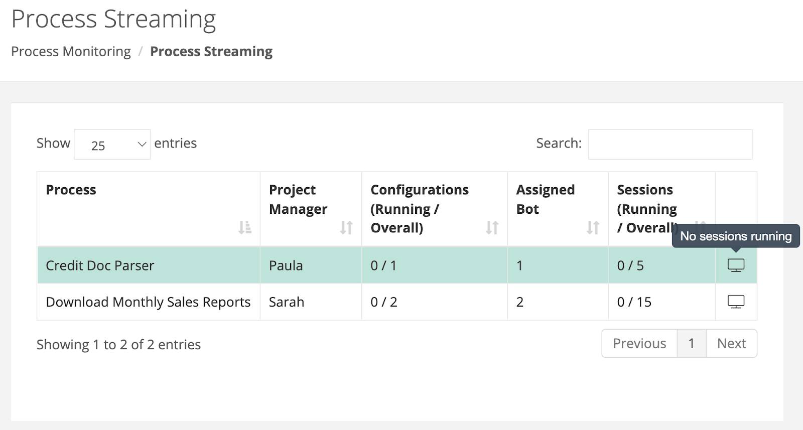 Process streaming summary view with the mouse hovering over the Show Process Streams icon.