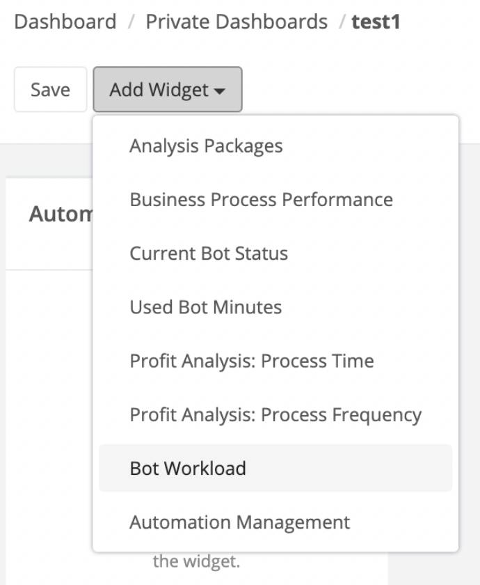 Options in the Add Widget drop-down menu.