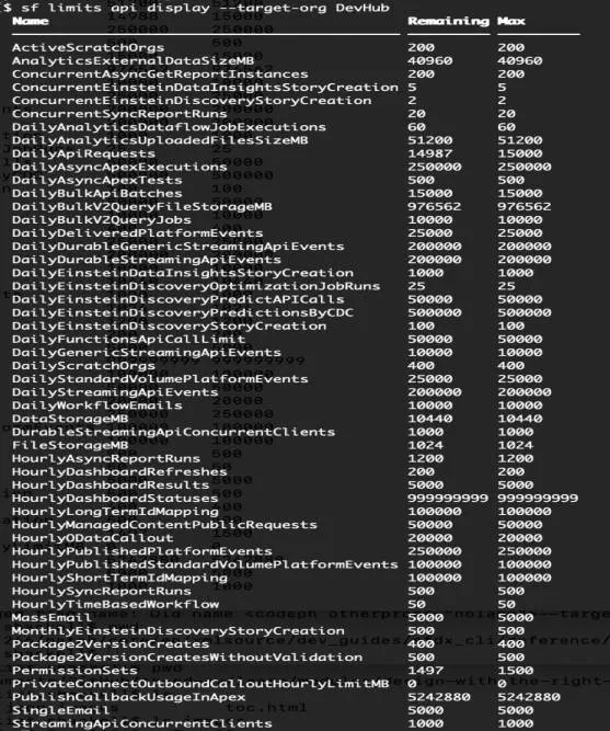 Terminal window displaying list of resources remaining and maximum allotted to the org.