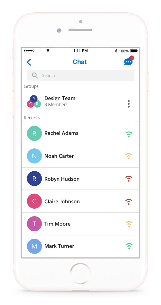 Application de chat qui affiche les contacts de l’utilisateur avec une icône Wi-Fi orange, rouge ou verte à côté du nom d’utilisateur pour indiquer s’ils sont actifs ou inactifs.
