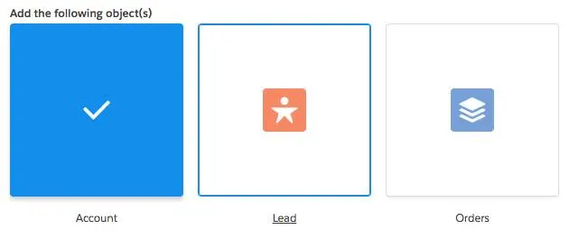 Three icons wrapped in a box with borders and written labels below them: Account icon, Lead icon, and Orders icon. The Account icon changes to a checkmark in the middle, the box color is blue, and the Account label is not underlined, but the Lead label icon next it is underlined.