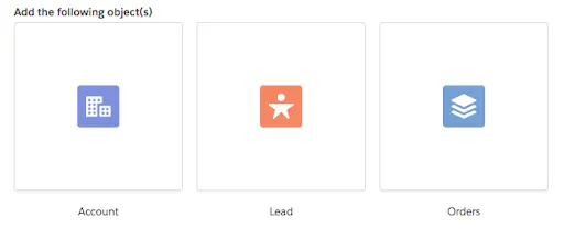 Three icons wrapped in a box with grey borders and labels below them: Account icon, Lead icon, and Orders icon.