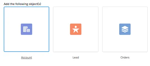 Three icons wrapped in a box with borders and written labels below them: Account icon, Lead icon, and Orders icon. The Account icon has a blue border and is underlined to indicate it is focused and selected.